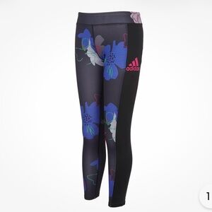 NEW Adidas Girls Black Floral Flower Printed Athletic Leggings Logo X-LARGE 16